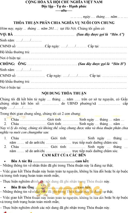 Mẫu thỏa thuận về phân chia nghĩa vụ nuôi con chung