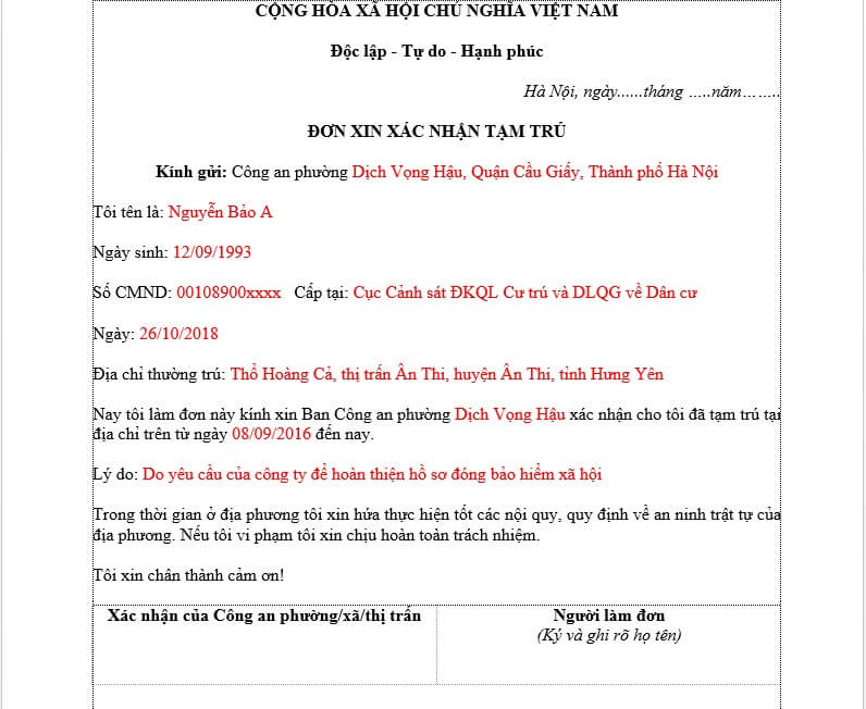 Cách điền mẫu đơn xin xác nhận tạm trú đơn giản chính xác