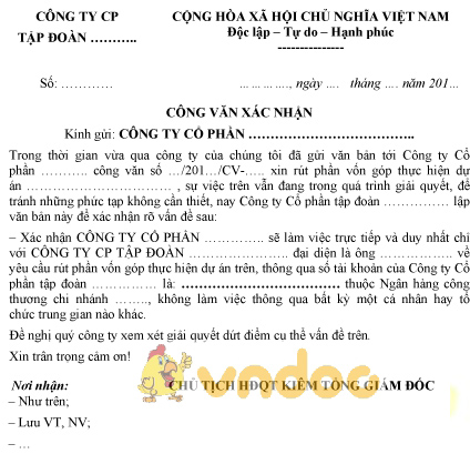 Mẫu công văn xác nhận yêu cầu rút vốn thực hiện dự án