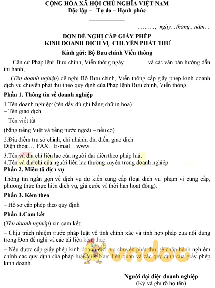 Mẫu đơn đề nghị cấp giấy phép kinh doanh dịch vụ chuyển phát thư