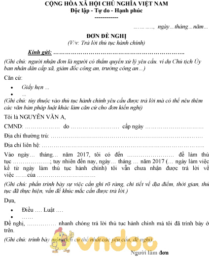 Mẫu đơn đề nghị trả lời thủ tục hành chính