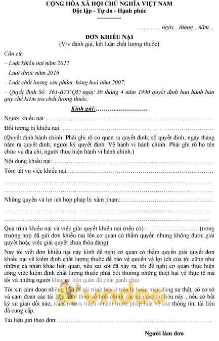 Mẫu đơn khiếu nại về kết luận chất lượng thuốc