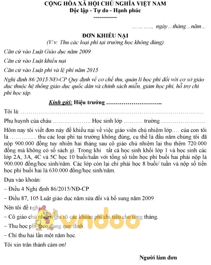 Mẫu đơn khiếu nại về việc thu các loại phí tại trường học không đúng