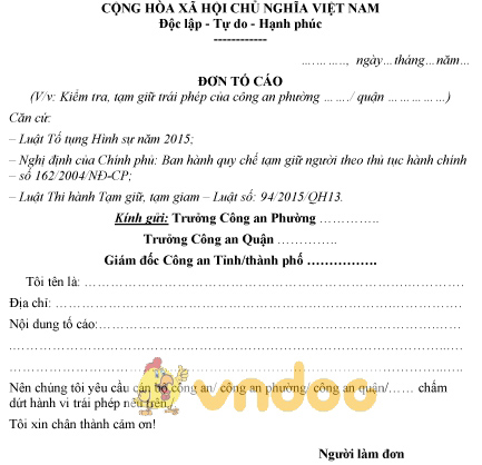 Mẫu đơn tố cáo hành vi kiểm tra, tạm giữ trái phép của công an