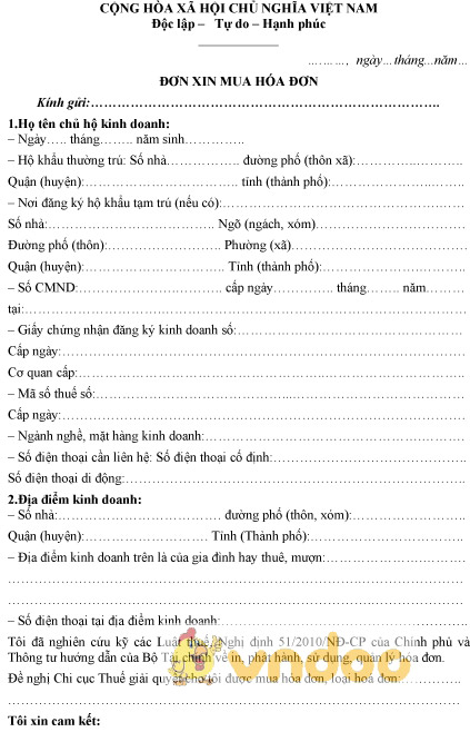 Mẫu đơn xin mua hóa đơn áp dụng cho hộ kinh doanh cá thể