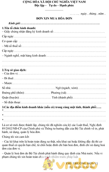Mẫu đơn xin mua hóa đơn áp dụng với doanh nghiệp