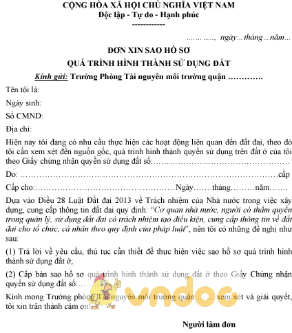 Mẫu đơn xin sao hồ sơ quá trình hình thành sử dụng đất ở