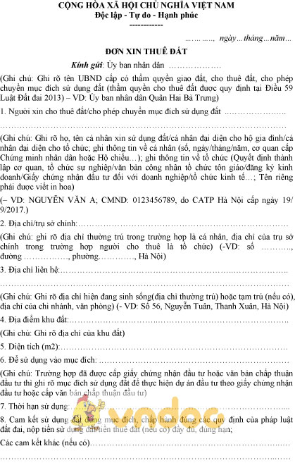 Mẫu đơn xin thuê đất nhà nước