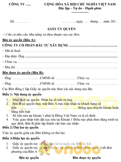 Mẫu giấy ủy quyền nhận hộ tiền