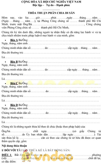 Mẫu thỏa thuận phân chia di sản
