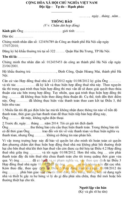 Mẫu thông báo chấm dứt hợp đồng thuê nhà