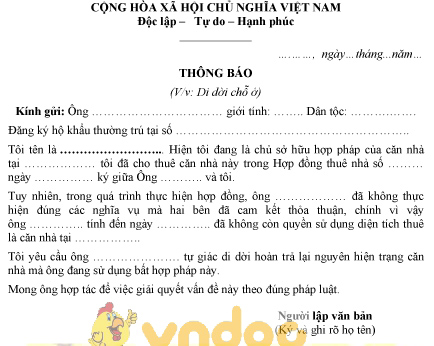 Mẫu thông báo yêu cầu di dời và trả lại diện tích thuê