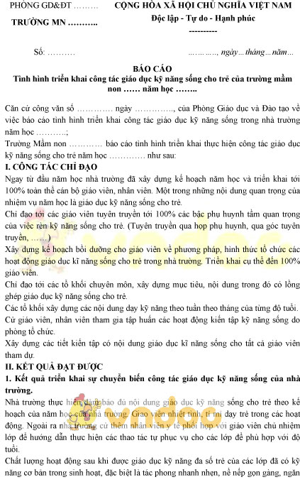Báo cáo kết quả giáo dục kỹ năng sống cho trẻ mầm non