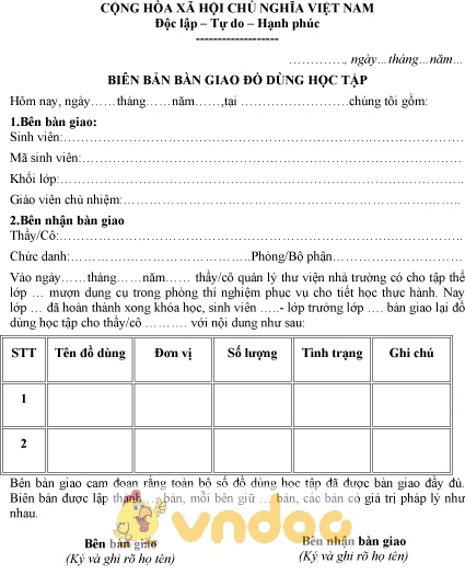 Mẫu biên bản bàn giao đồ dùng dạy học