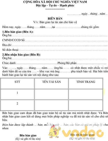 Mẫu biên bản bàn giao tài sản cho bảo vệ
