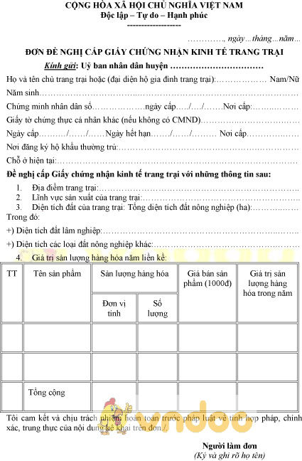 Mẫu đơn đề nghị cấp giấy chứng nhận kinh tế trang trại