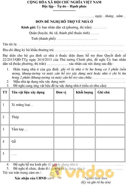 Mẫu đơn xin cấp nhà tình nghĩa