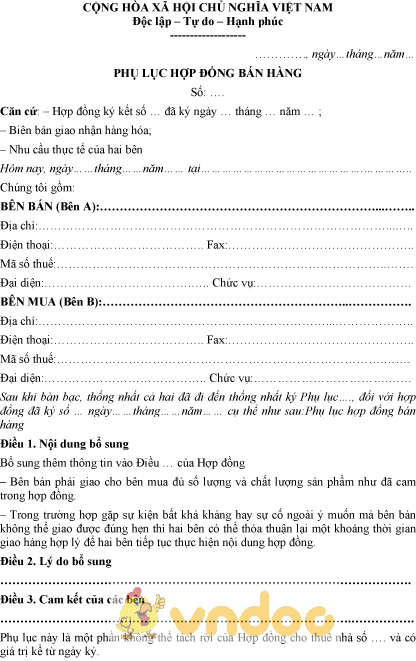 Mẫu phụ lục hợp đồng bán hàng