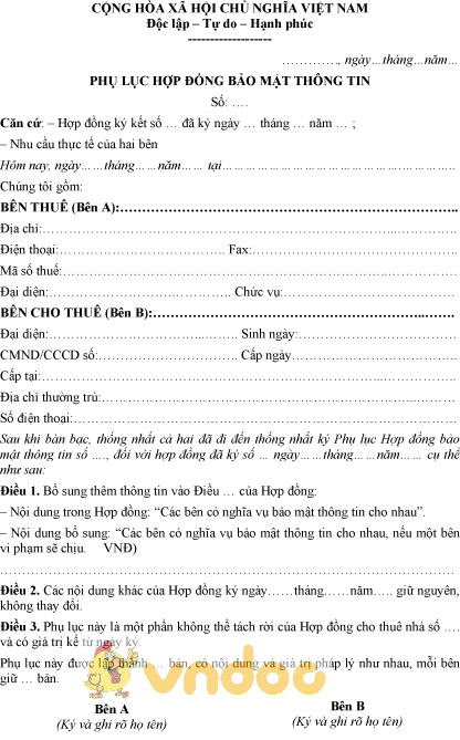Mẫu phụ lục hợp đồng bảo mật thông tin
