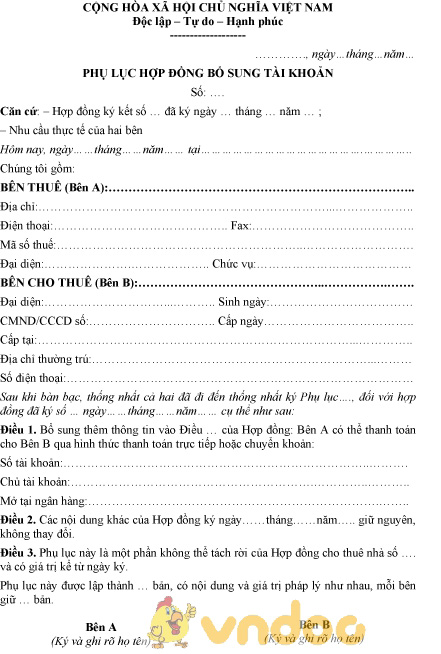 Mẫu phụ lục hợp đồng bổ sung tài khoản