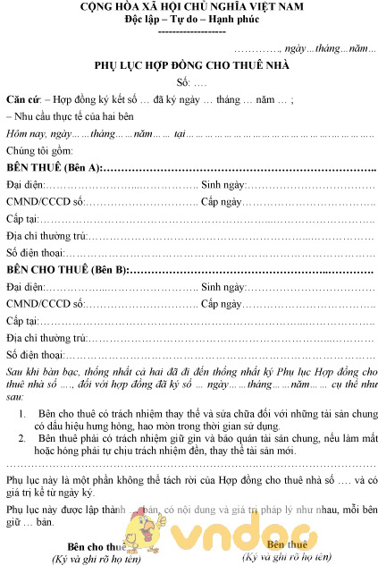 Mẫu phụ lục hợp đồng cho thuê nhà