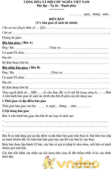 Mẫu biên bản bàn giao sổ sách tài chính