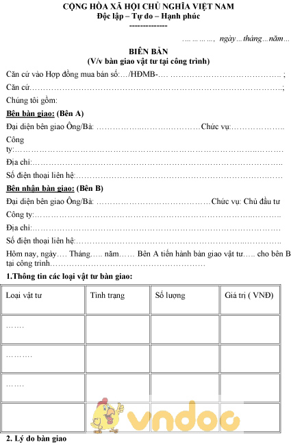 Mẫu biên bản bàn giao vật tư tại công trình
