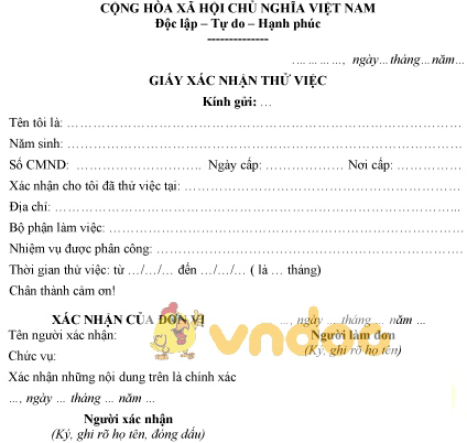 Mẫu giấy xác nhận thử việc