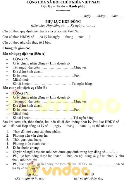 Mẫu phụ lục hợp đồng ăn uống