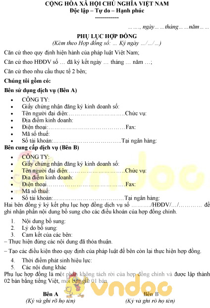 Mẫu phụ lục hợp đồng bổ sung