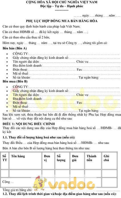Mẫu phụ lục hợp đồng mua bán hàng hóa