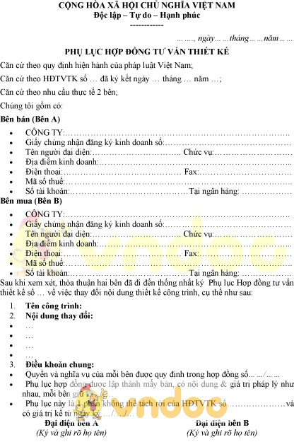 Mẫu phụ lục hợp đồng tư vấn thiết kế