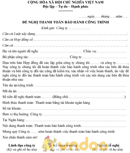 Mẫu văn bản đề nghị thanh toán tiền bảo hành công trình