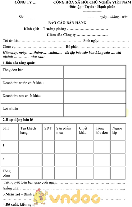 Mẫu báo cáo bán hàng
