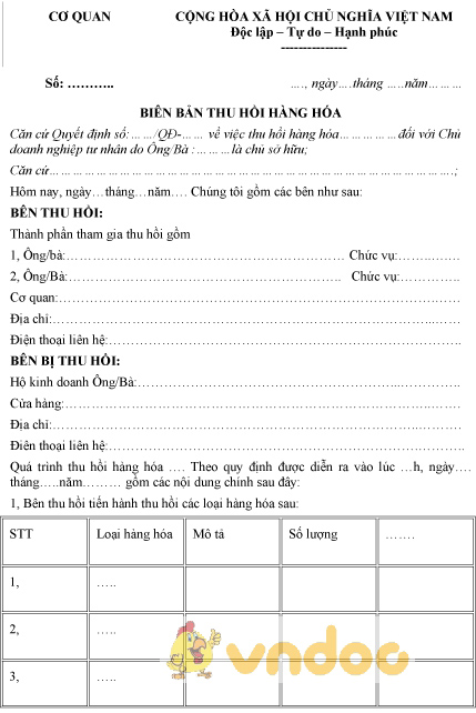 Mẫu biên bản thu hồi hàng hóa