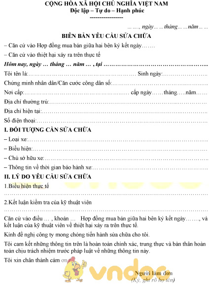 Mẫu biên bản yêu cầu sửa chữa
