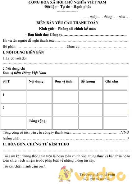 Mẫu biên bản yêu cầu thanh toán