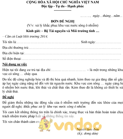 Mẫu đơn đề nghị xử lý khắc phục khu vực nước sông ô nhiễm
