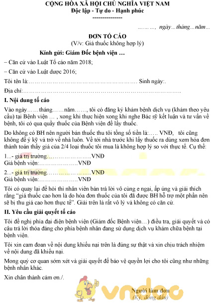 Mẫu đơn tố cáo giá thuốc không phù hợp
