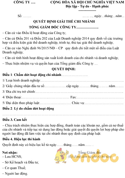 Mẫu quyết định giải thể chi nhánh