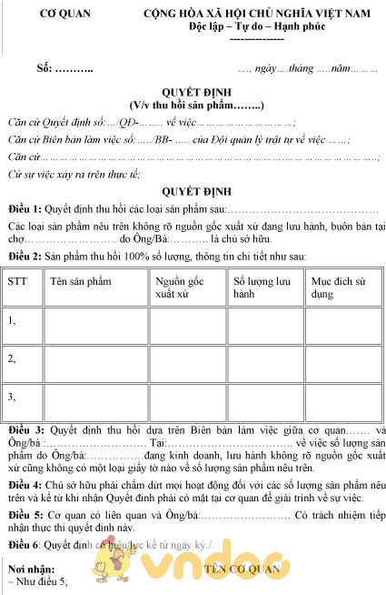 Mẫu quyết định thu hồi sản phẩm