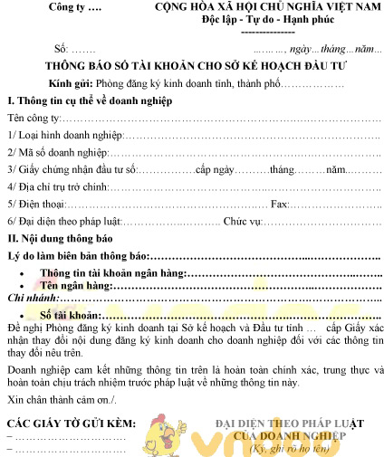 Mẫu thông báo số tài khoản cho sở kế hoạch đầu tư