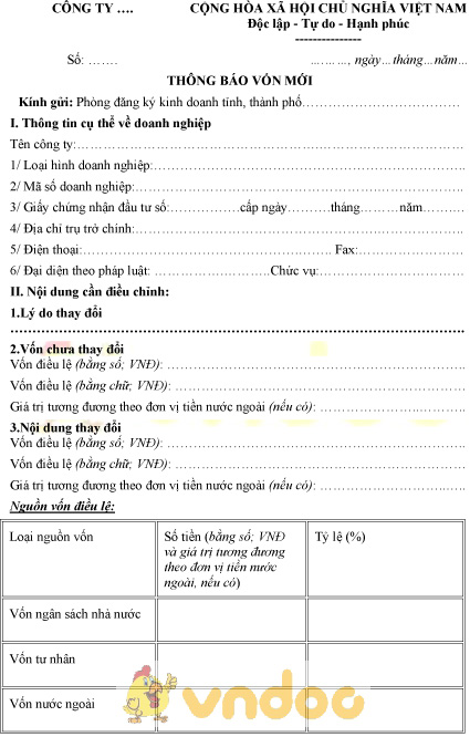 Mẫu thông báo vốn mới