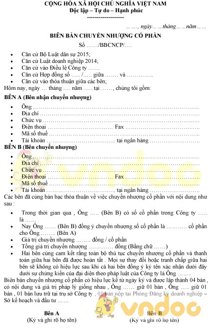 Mẫu biên bản chuyển nhượng cổ phần