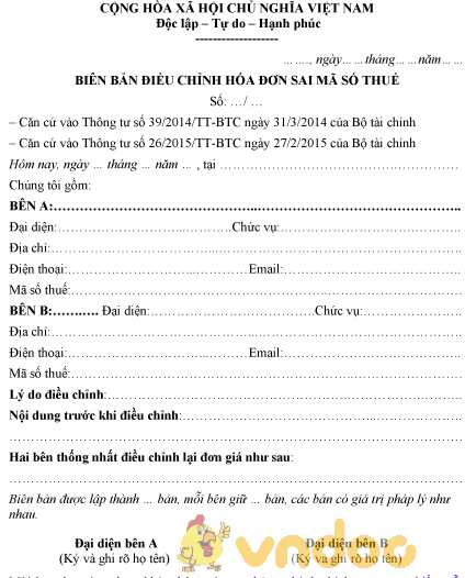 Mẫu biên bản điều chỉnh hóa đơn sai mã số thuế