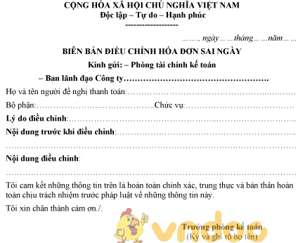 Mẫu biên bản điều chỉnh hóa đơn sai ngày
