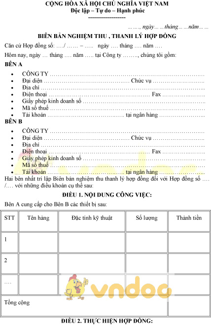 Mẫu biên bản nghiệm thu thanh lý hợp đồng