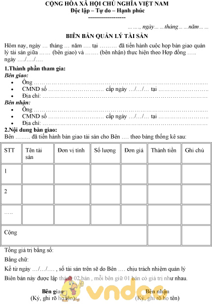Mẫu biên bản quản lý tài sản
