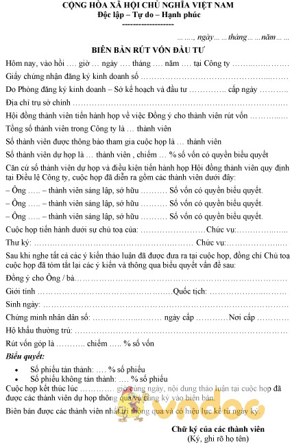 Mẫu biên bản rút vốn đầu tư