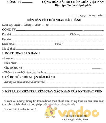 Mẫu biên bản từ chối nhận bảo hành